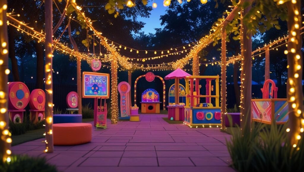 Magical Outdoor Game Zone Setup Under Fairy Lights