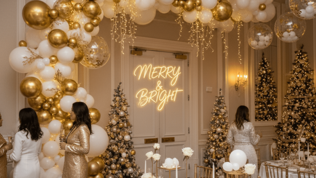 Gold & White Balloon Decor for Classy Christmas Parties
