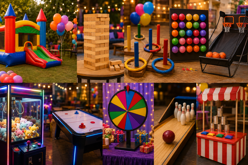 Colorful birthday party games on rent in Delhi NCR including bouncy castle, claw machine, air hockey, giant Jenga, carnival games, basketball arcade, ring toss, and mini bowling for kids and adults.