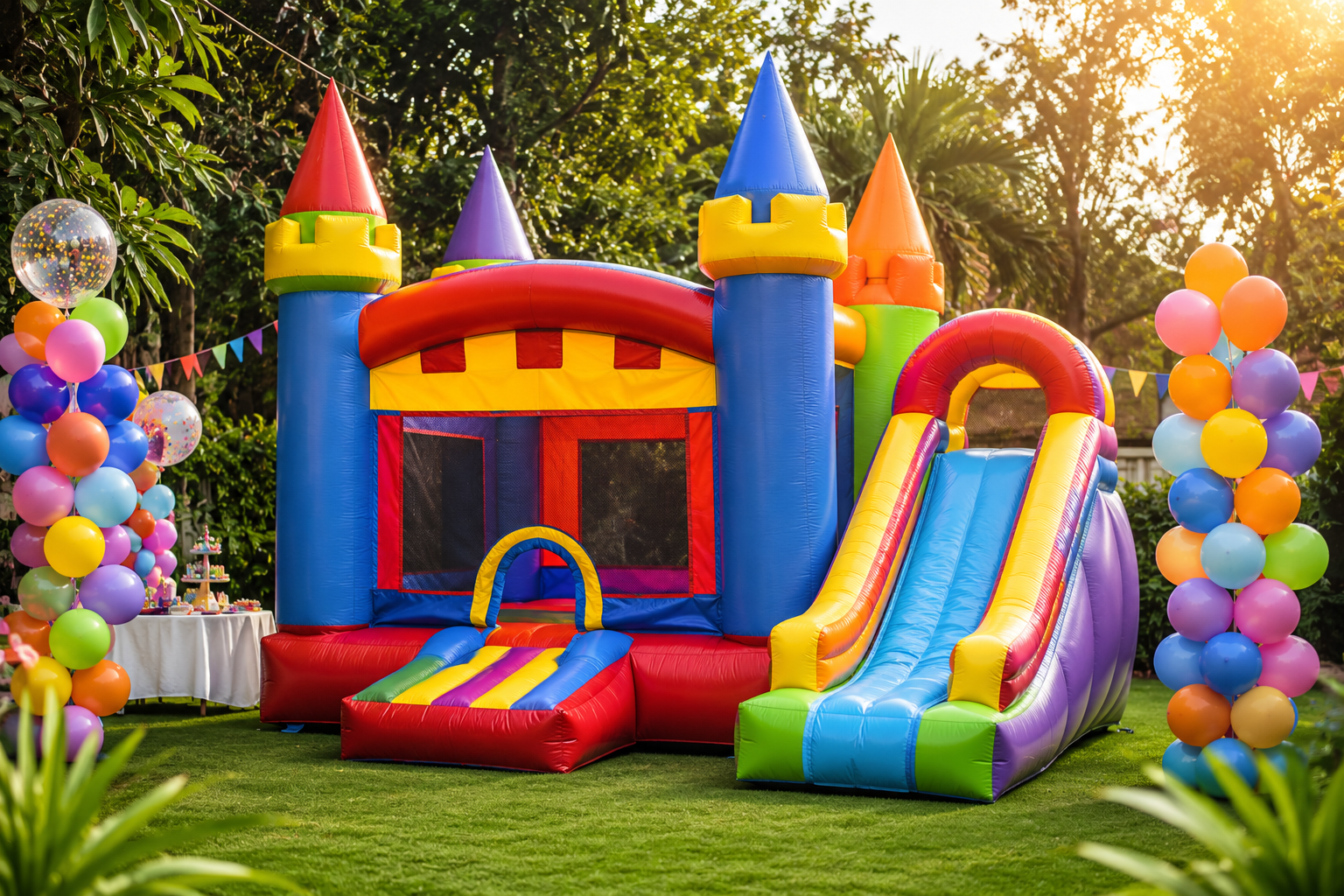 Colorful bouncy castle with inflatable slide set up for a kids birthday party in Delhi, ideal for birthday celebrations, school events, family functions, and outdoor parties.