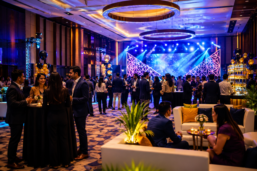 Modern corporate event with elegant stage setup, professional lighting, networking area, and employees attending a business celebration in Delhi NCR.