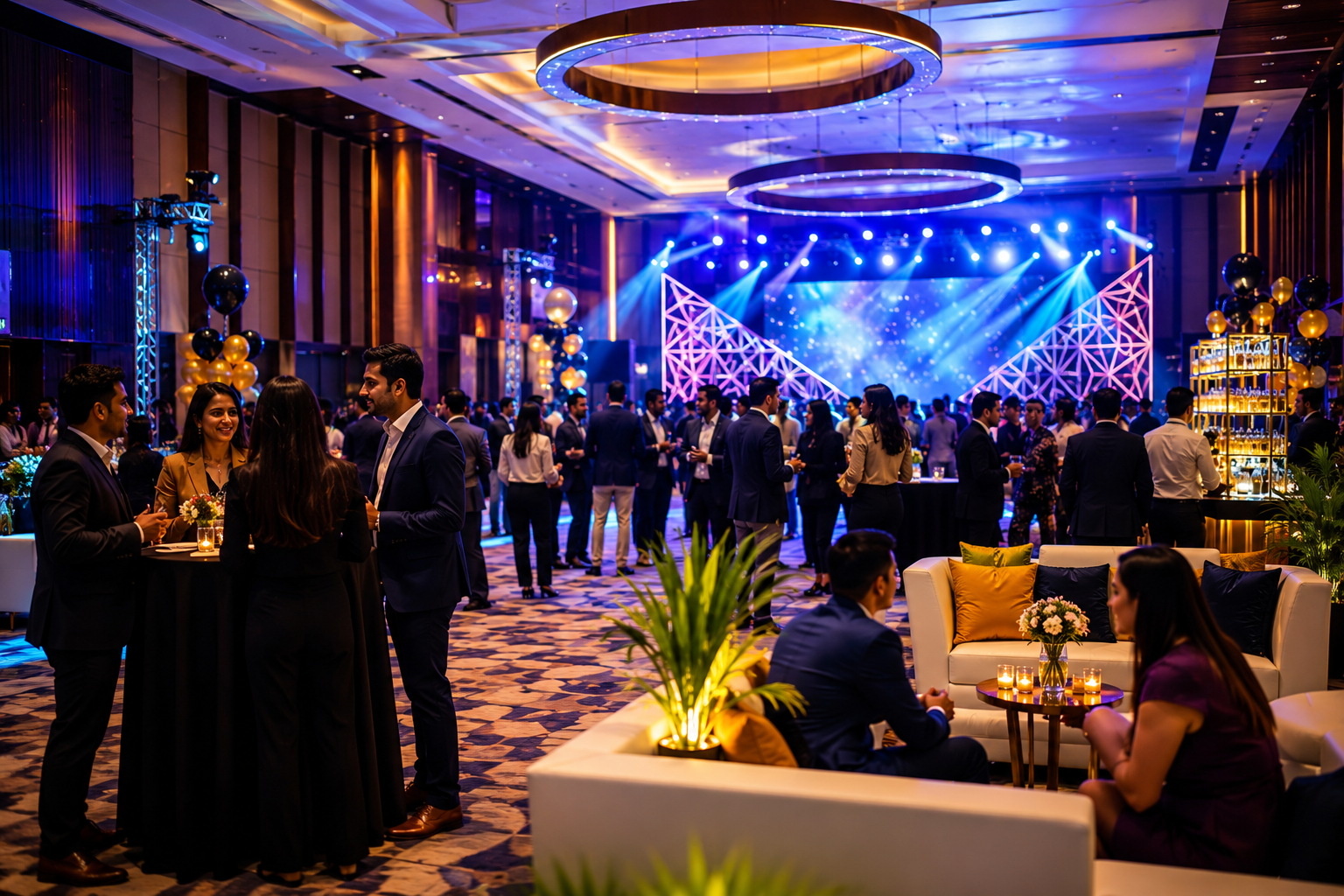 Modern corporate event with elegant stage setup, professional lighting, networking area, and employees attending a business celebration in Delhi NCR.