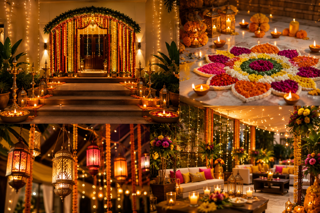 Elegant Diwali decoration with marigold flowers, rangoli, diyas, fairy lights, lanterns, and festive décor for homes, offices, and events in Delhi NCR.