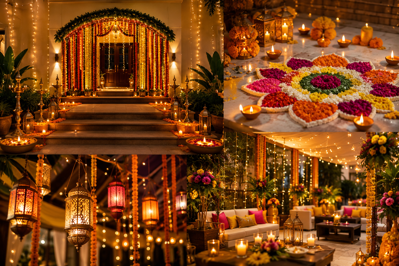 Elegant Diwali decoration with marigold flowers, rangoli, diyas, fairy lights, lanterns, and festive décor for homes, offices, and events in Delhi NCR.
