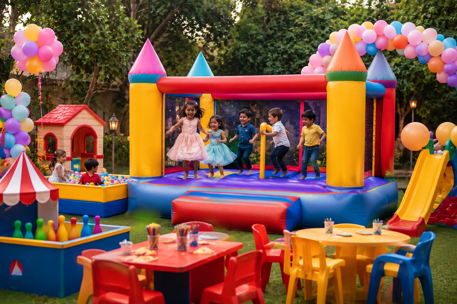 Children enjoying a colorful Jumpin Jacks party with inflatable bouncy castle, balloons, fun games, and birthday decorations in Vasant Vihar.