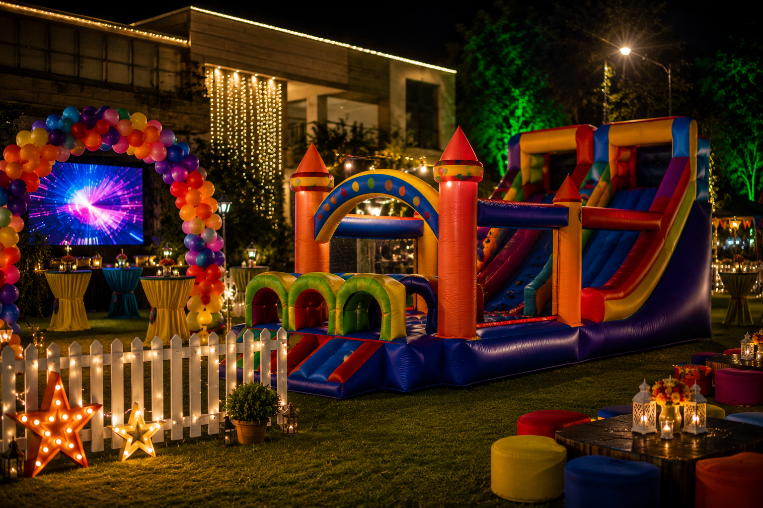 Premium nighttime party setup with a giant inflatable jumping castle, obstacle course, colorful balloon décor, ambient lighting, and luxury event setup in Hauz Khas.