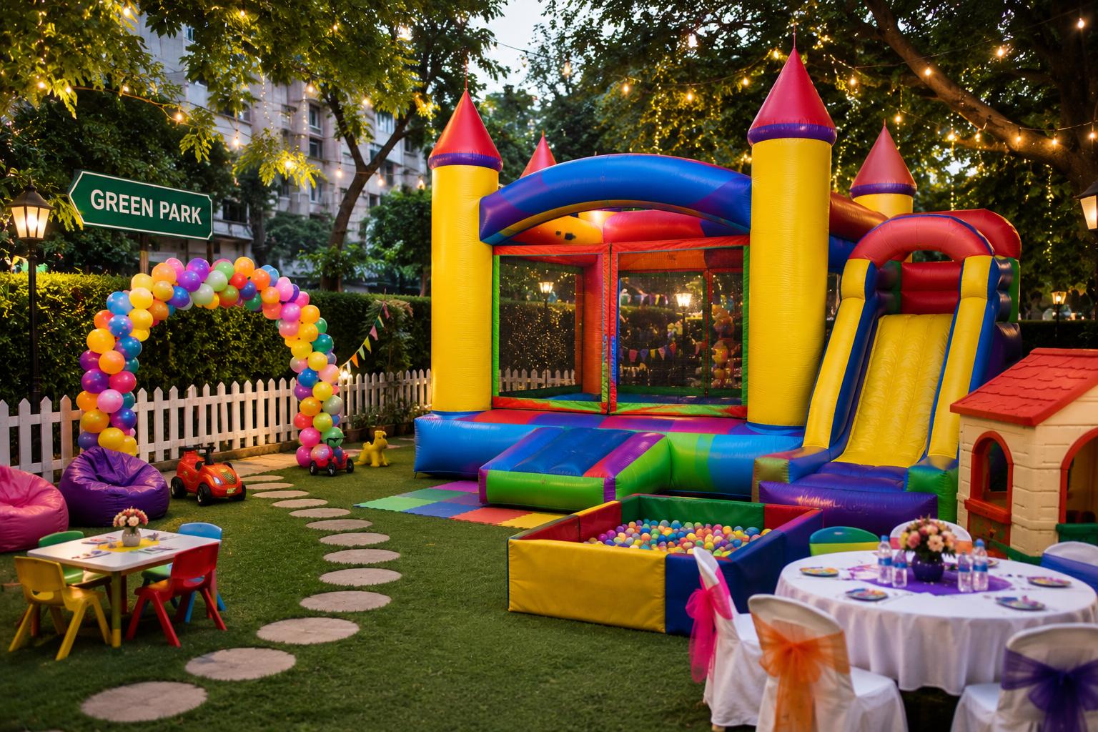 Outdoor Jumping Jacks party setup in Green Park featuring a colorful inflatable bounce castle, balloon arch, kids' activity zone, and premium birthday decorations.