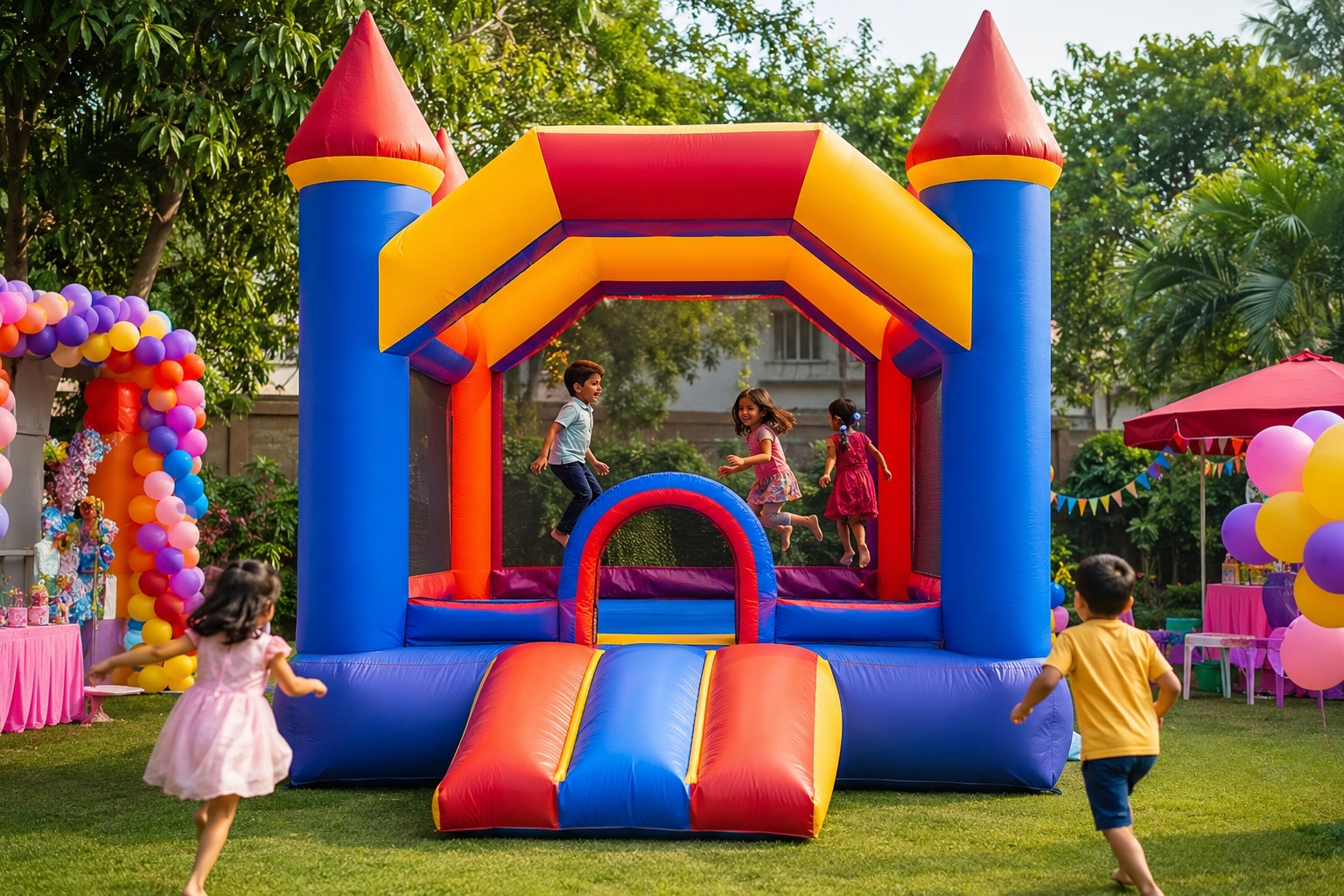 Children enjoying a colorful Jumpin Jacks bounce house at an outdoor birthday party in Vasant Kunj by Party Events