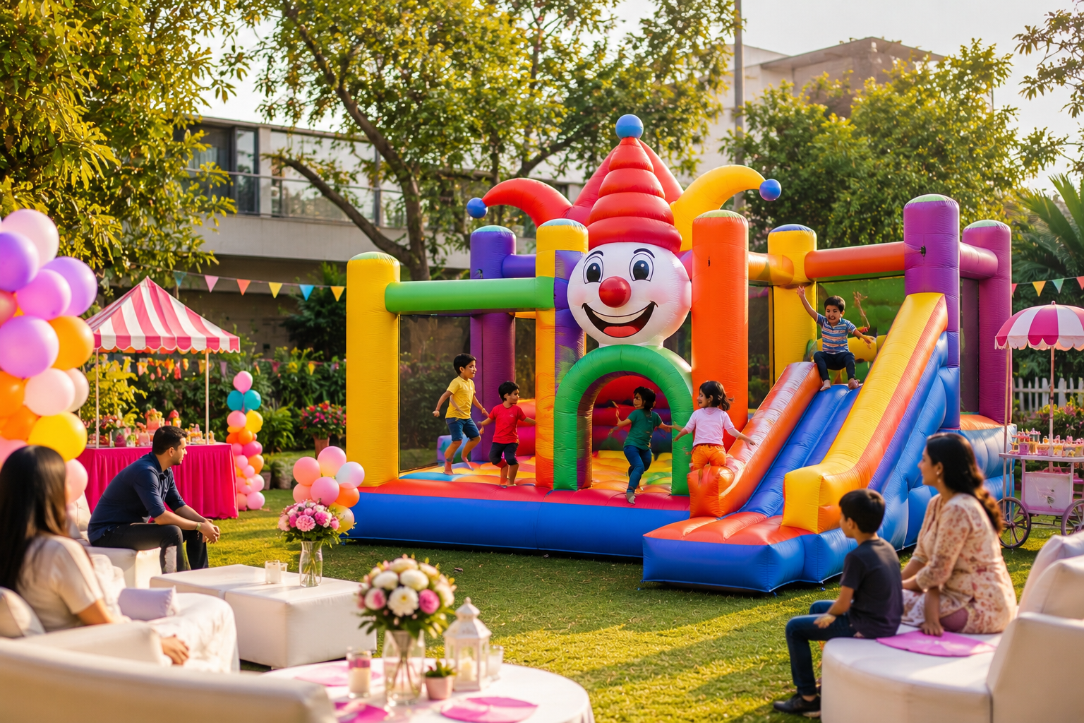 Children enjoying a colorful inflatable Jumping Jack at an outdoor birthday party in South Extension Part 1 by Party Events