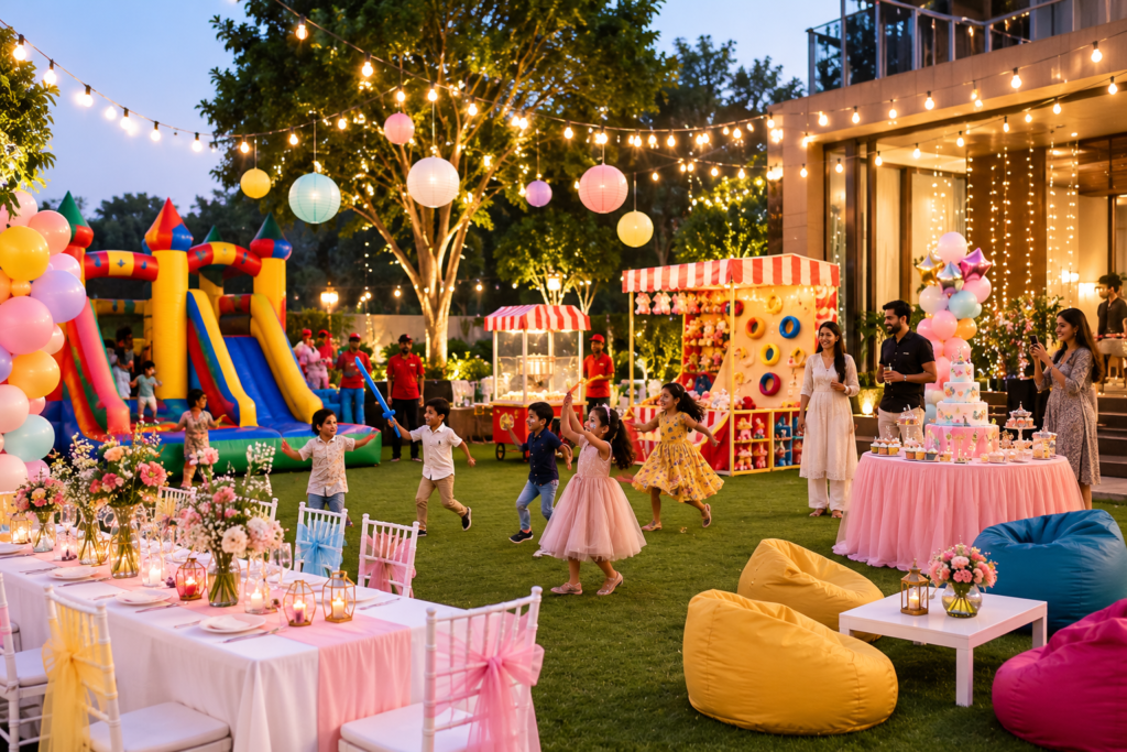Event Equipment Rental in Delhi NCR with stage setup, LED screens, sound systems, bouncy castle, toy train, arcade games, carnival stalls, and party equipment by Party Events