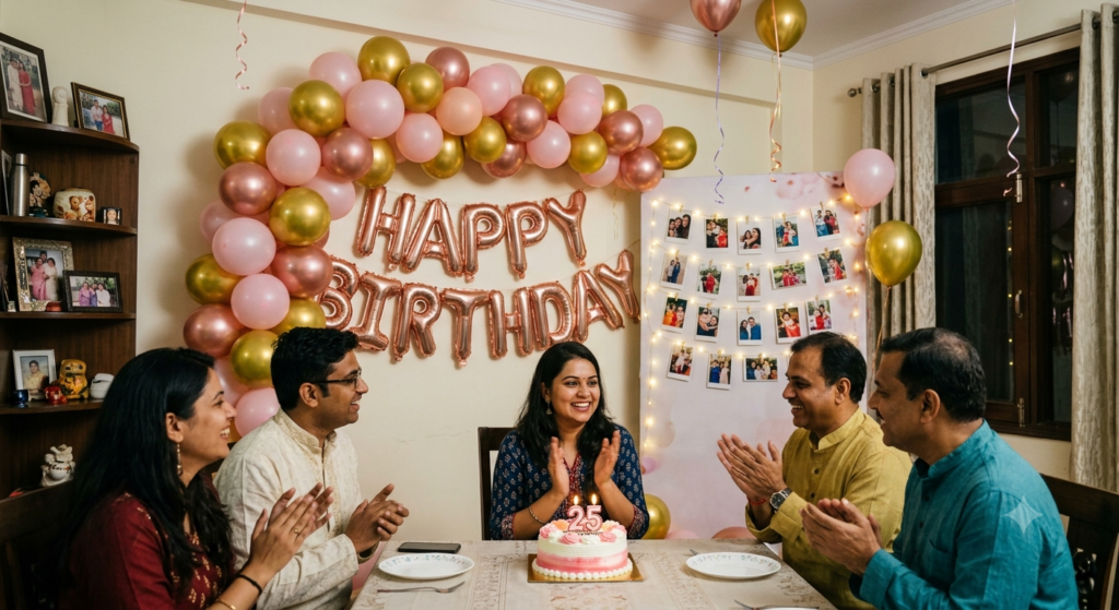 Professional home birthday decoration with balloon arch and elegant party setup in Delhi
