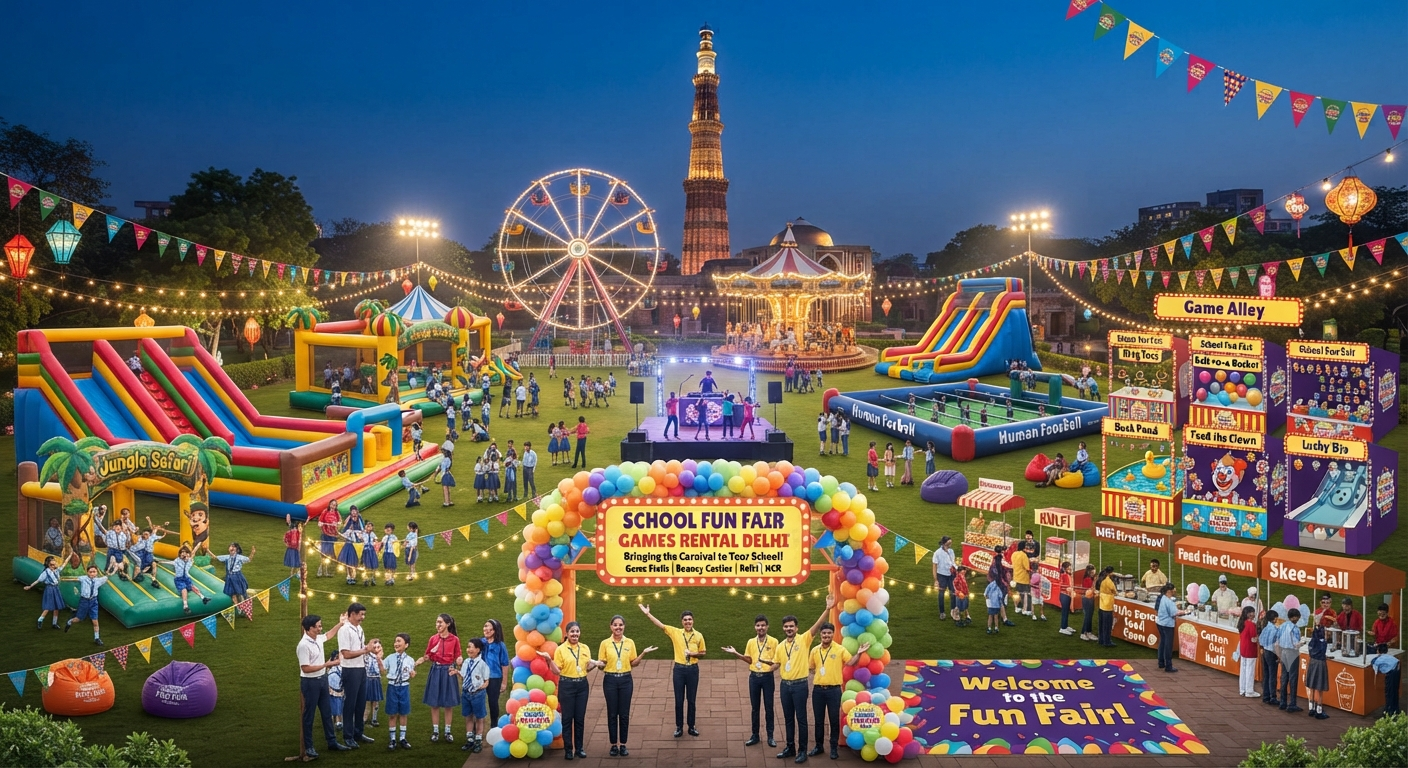 School Fun Fair Games Rental Delhi with exciting carnival games, fun activities, and entertainment setup for school events