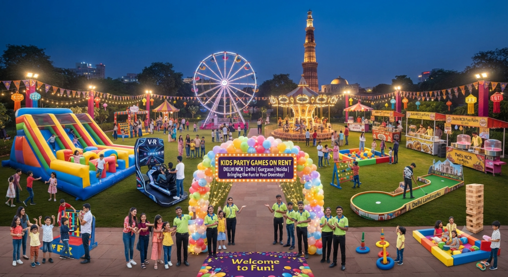Kids Party Games on Rent in Delhi NCR with bouncy castle, carnival games, and fun activities by PartyEvents.in