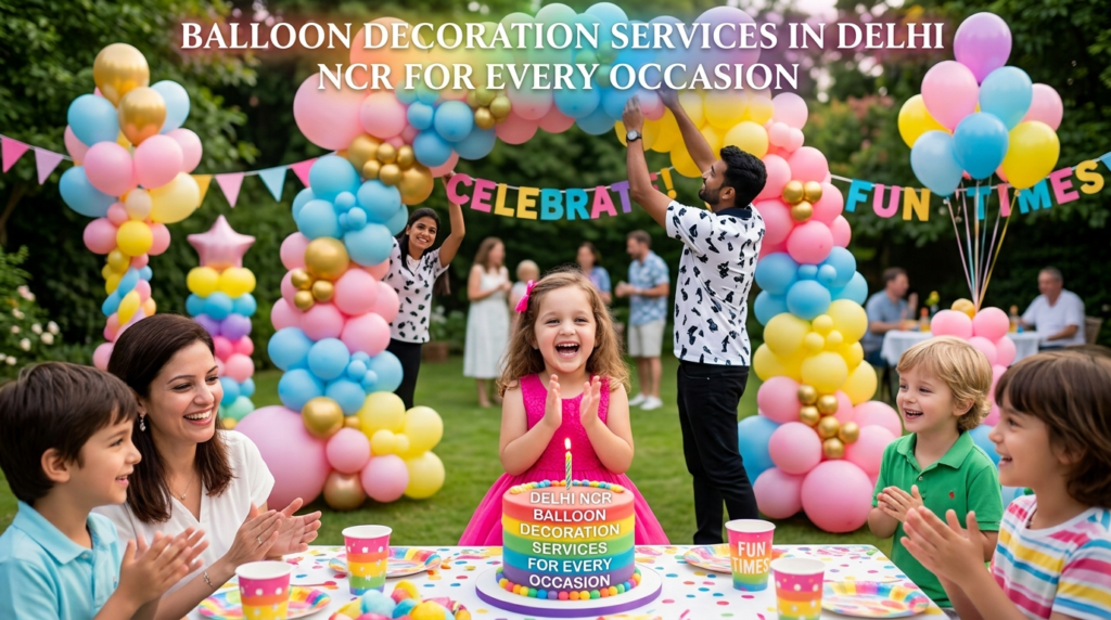 Balloon decoration setup for birthday party and special events in Delhi NCR with colorful balloons and elegant event decor