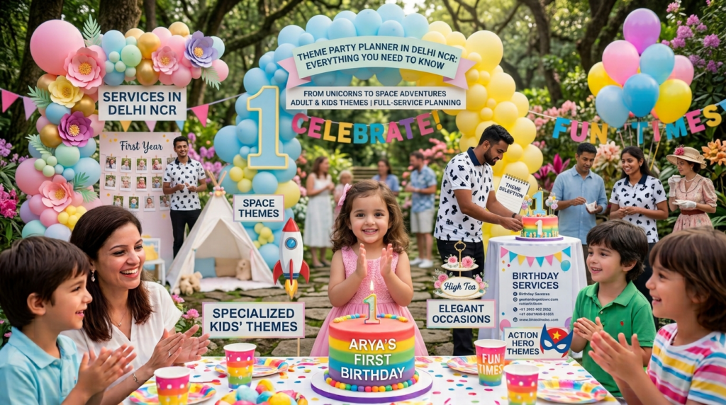 First birthday decoration with pastel balloon arch and customized party backdrop in Delhi NCR