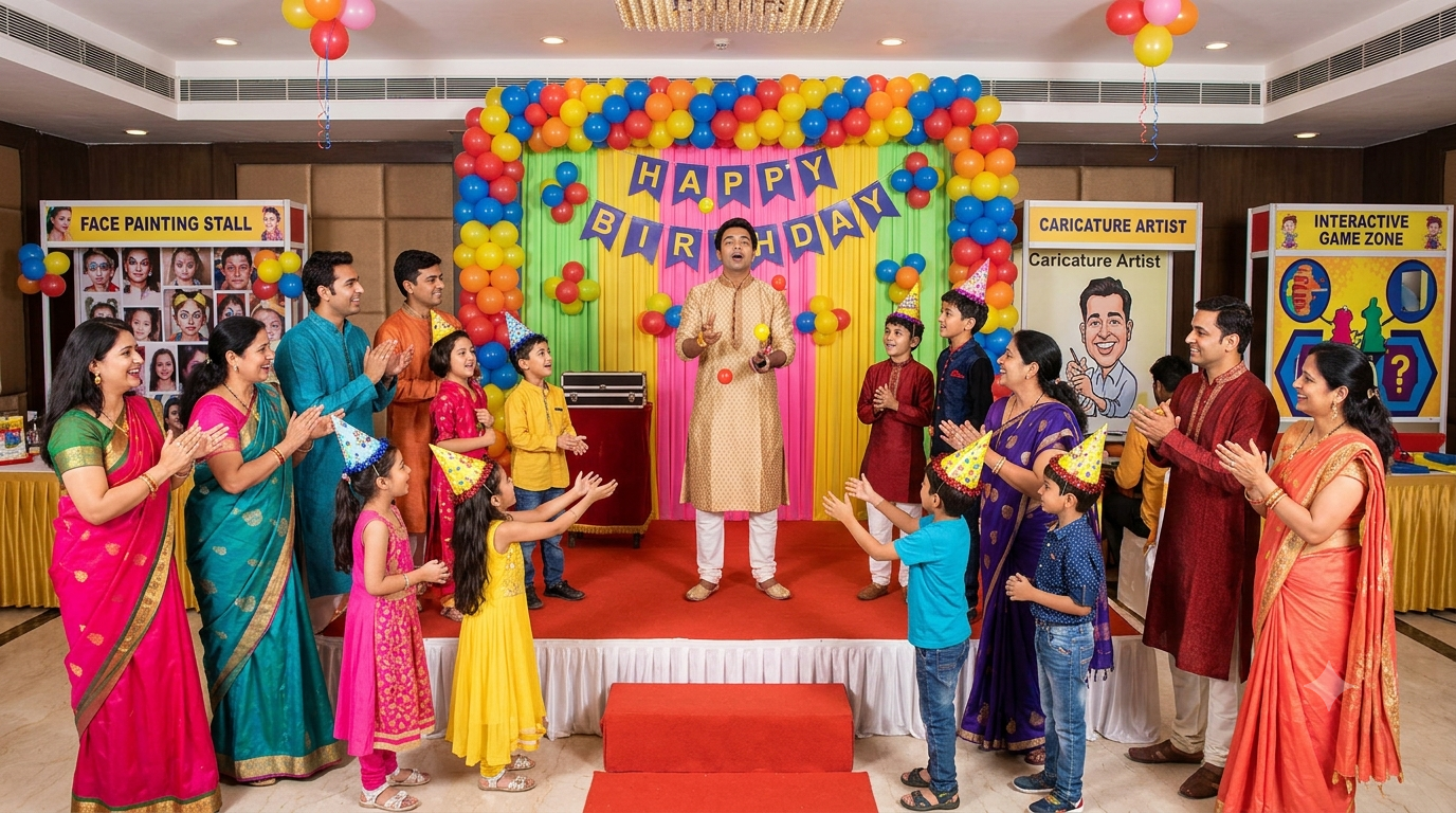 Surprise birthday party decoration with balloons, lights, and romantic setup in Delhi NCR