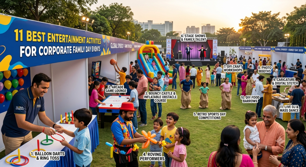 Best entertainment activities for corporate family day events with employees and families enjoying games and activities