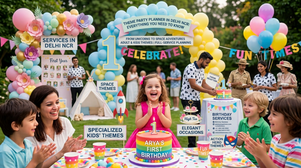 Theme birthday decoration with balloon arch and party backdrop in Delhi NCR
