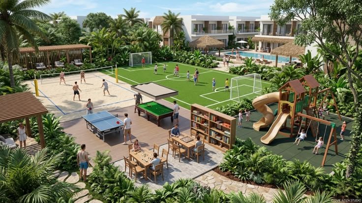 Employees and families enjoying inflatable obstacle courses, bouncy castles, Human Foosball, inflatable slides, and interactive games at a corporate family day organized by Party Events.