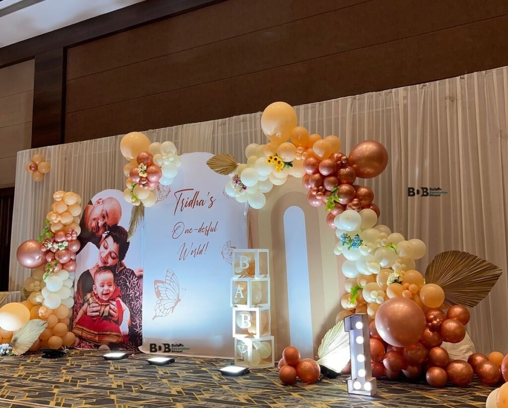 Party decoration trends 2026 with balloons floral backdrop and photo booth