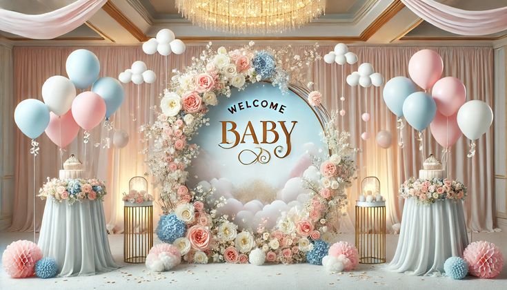 Baby shower decoration ideas in Delhi NCR with floral backdrop and balloons