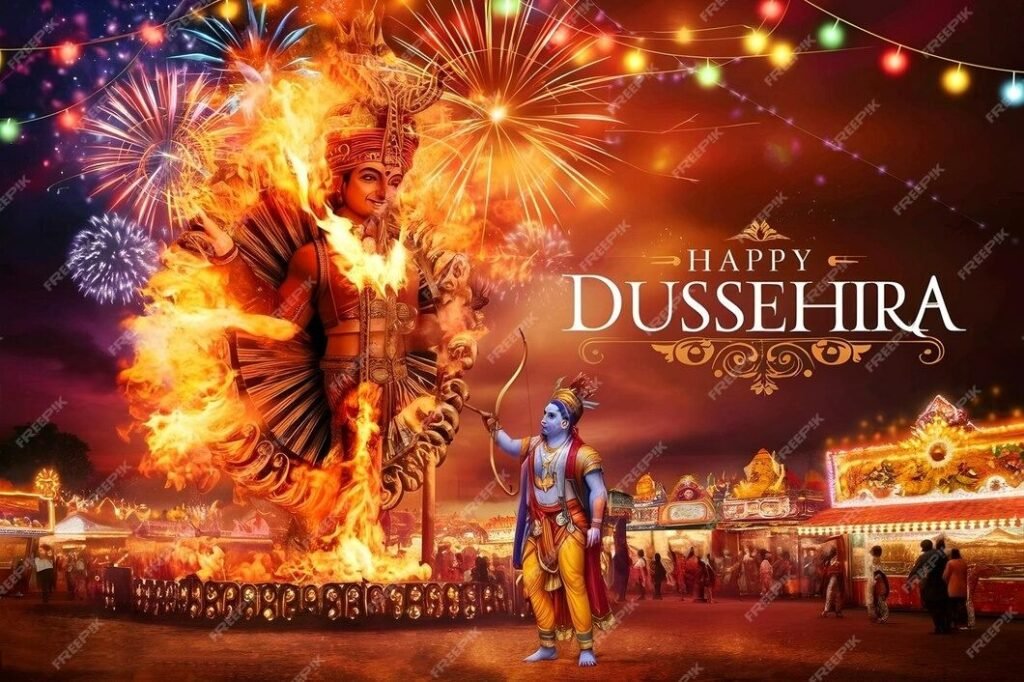 Grand Dussehra celebration with Ramleela stage, festive decorations, carnival games, kids' activity zone, live performances, and family entertainment organized by Party Events in Delhi NCR.