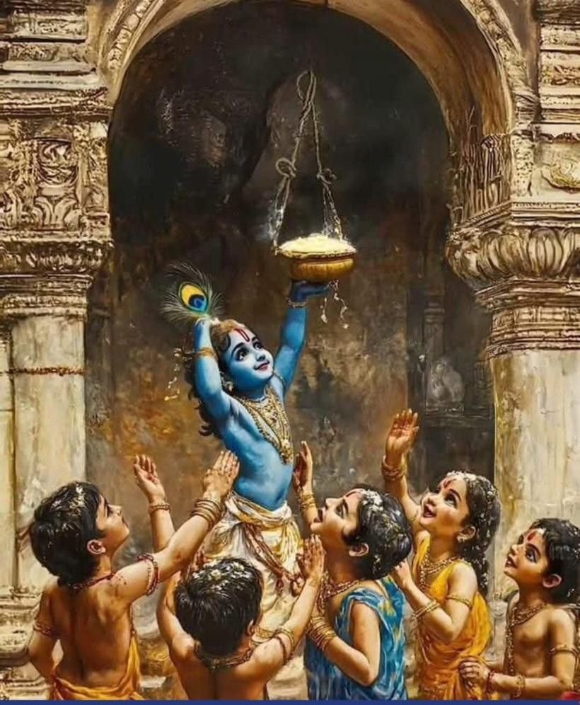 Students dressed as Krishna and Radha enjoying a Janmashtami celebration with Dahi Handi, stage performances, carnival games, colorful decorations, and kids' activities organized by Party Events.