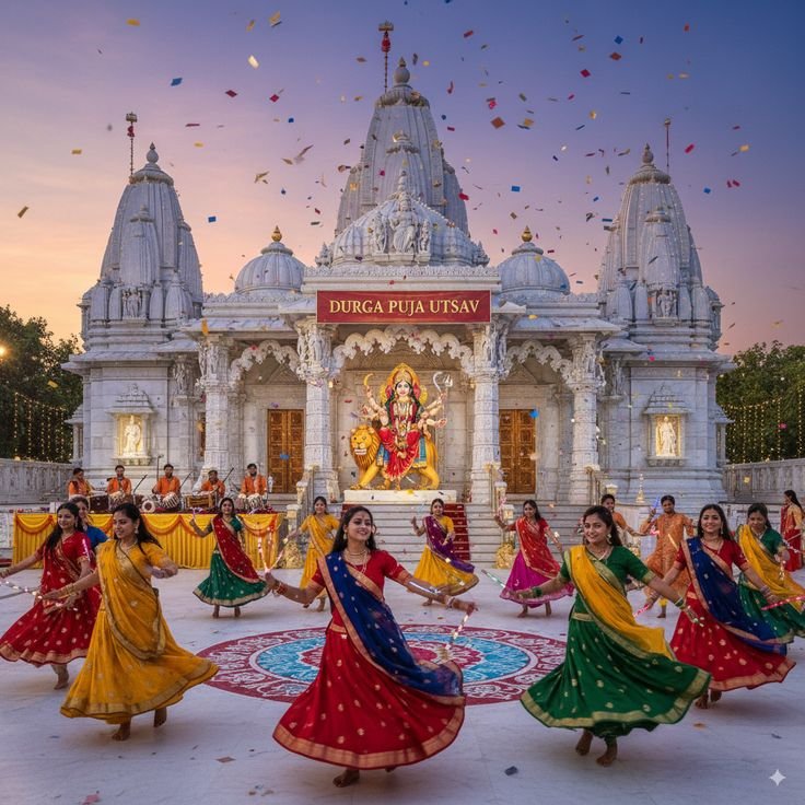 Colorful Navratri celebration with Garba dancers, Dandiya night, festive stage decoration, live DJ, carnival games, kids' entertainment, and LED lighting by Party Events.