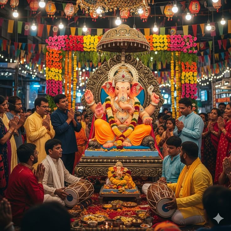 Grand Ganesh Chaturthi celebration with Ganpati stage decoration, floral backdrop, Dhol performers, cultural dance, carnival games, kids' activity zone, and festive lighting by Party Events.